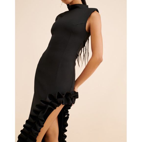 Rendoll Nana Ruffle Maxi Dress Black High Slit Evening Gown Elegant Size 8 Edgy - Picture 3 of 15